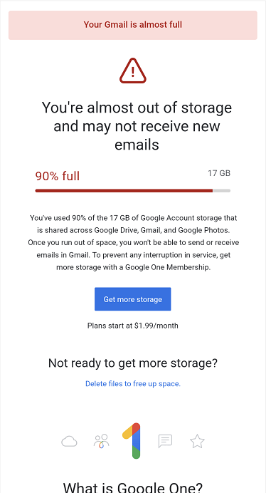 Gmail out of storage notification