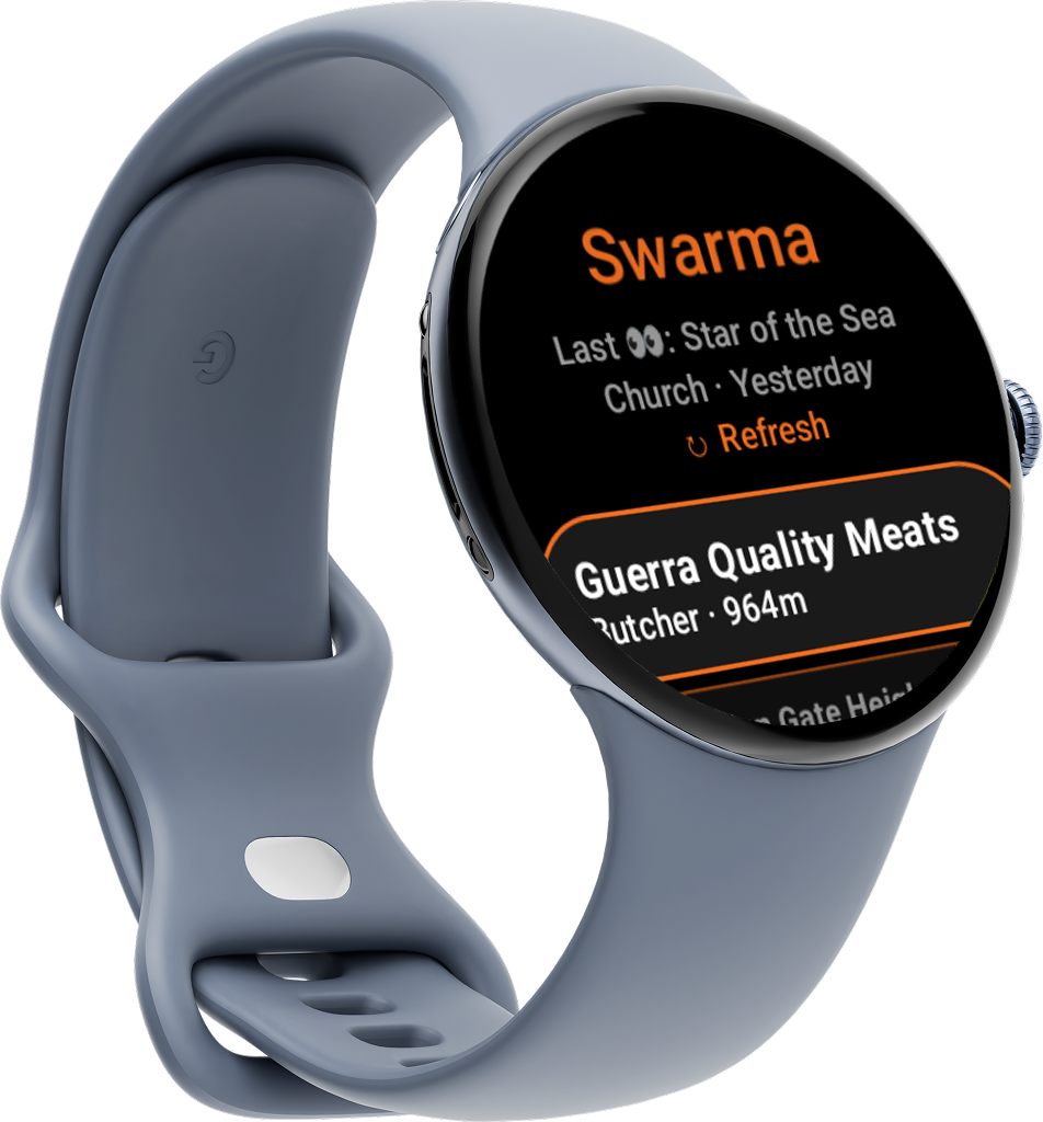 Swarma running on a Pixel Watch, showing nearby venues and the last check-in